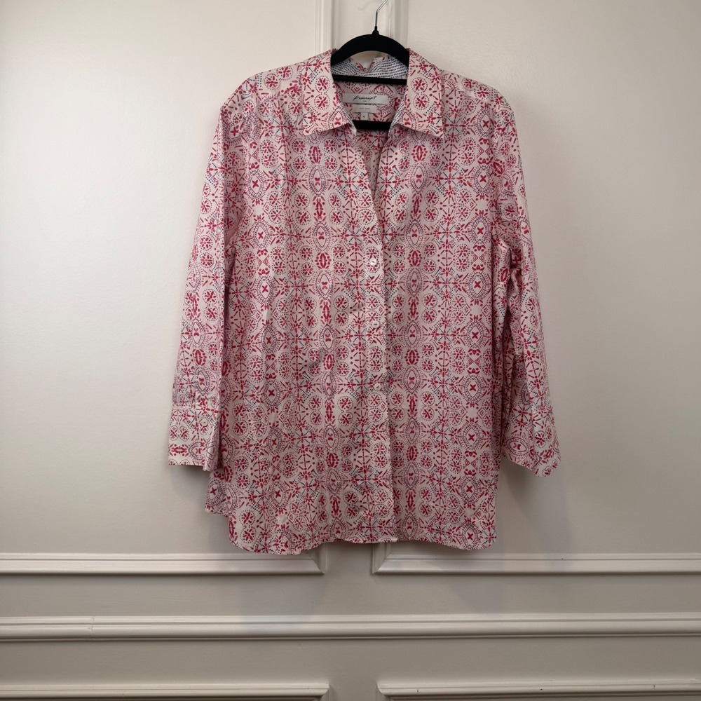 Foxcroft NYC Easy Care Pink Blue Medallion Print Button Down Shirt Womens XL